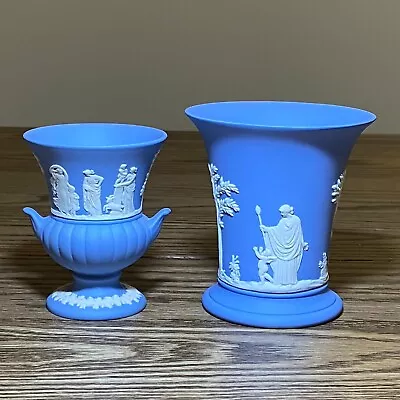 2 X Wedgwood Jasperware Mini Urn White On Blue Vase/Small White On Blue Vase • $52