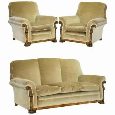 £3950 • Buy Victorian Flamed Walnut Carved Frame Three Piece Suite Sofa & Pair Of Armchairs