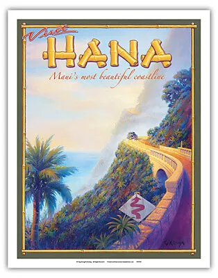 Visit Hana Maui Hawaii - Vintage Hawaiian Travel Poster By Kerne Erickson • $15.98