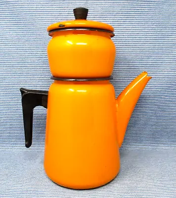 Vintage Enamel French Coffee Pot Aubecq Orange Antique Metal Made In France • $75