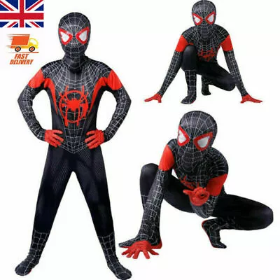 Miles Morales Spiderman Costume Kids Boy Men Into The Spider-Verse Cosplay Dress • £12.41