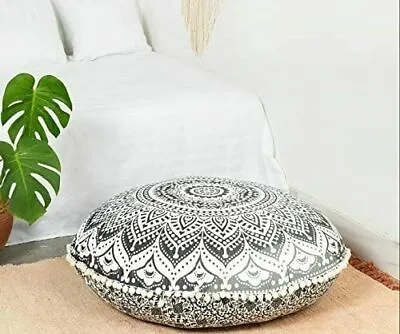£11.99 • Buy Round Floor Cushion Cover Ombre 100% Cotton Fabric Indian Mandala Grey Large 32 
