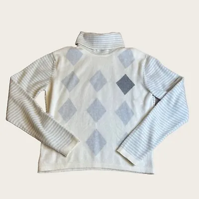 N. Peal Cashmere Sweater - 100% Cashmere White Blue Striped Roll Neck Women’s M • $60.88