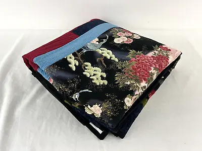 Vintage Handmade Patchwork Quilt Throw Japanese Peacock & Floral 64x57  • $60