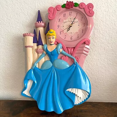 VTG 15  Disney Princess Cinderella Wall Clock Believe In Your Dreams Works Video • $29.99