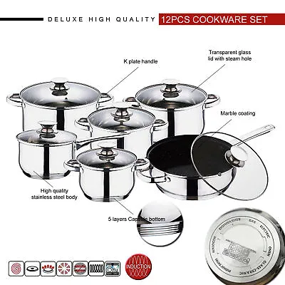 12pc Induction Stainless Steel Cookware Kitchen Glass Lids Pot Pan Set • £44.85