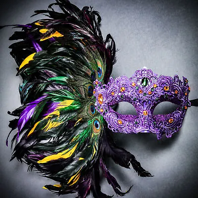 Women Mardi Gras Side Peacock Feather Venice Carnival Masquerade Venetian Mask • $36.99