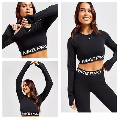 Nike Pro Training Long Sleeve  Crop Top Design 2024 Black XS To XL UK RRP £40 • £22.89