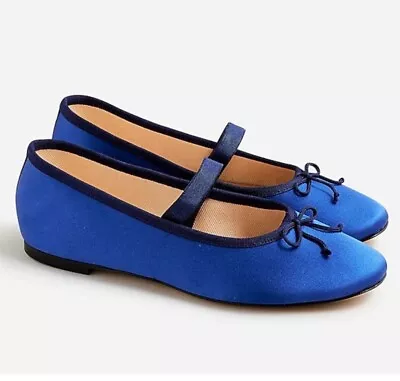 J. Crew Zoe Blue Satin Ballet Flats Shoes New In Box 7.5 Strap Dark Evening 38 • $65