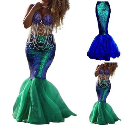 Adult Womens Cosplay Mermaid Tail Full Skirt Costume Fancy Dress Party Maxi Gift • £15.59