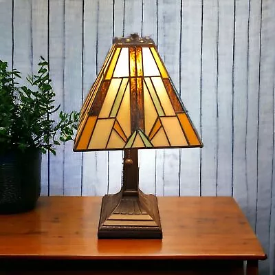 Tiffany Style Mini Accent Lamp - Brown Blue Cream Pull Chain - Amora 15  Tall • $59.99