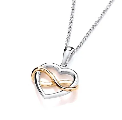 Sterling Silver & 9ct Gold INFINITY Love Heart Pendant Necklace + Chain • £17.95