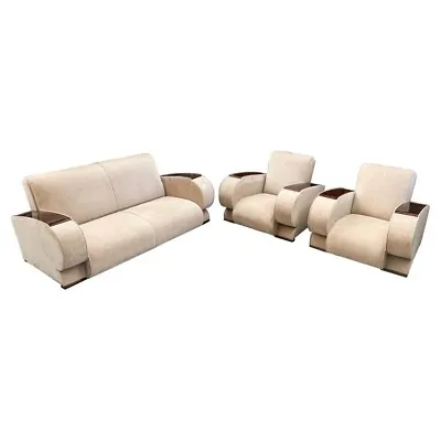 French Art Deco Living Room Set In Beige Suede & Rosewood Armrests 3 Pieces • $9500