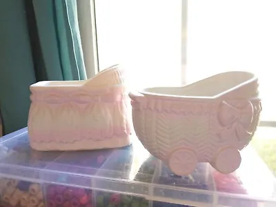 $19.99 • Buy Vintage Ceramic Kitsch Planters Pink & White A Bassinet And A Baby Carriage