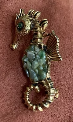 Vintage Seahorse Brooch. Gold-tone & Green Natural Stones. Green Rhinestone Eye. • $5.99