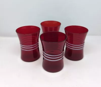 4 Ruby Red Glass Tumblers White Ribs 4  Tall Morgantown Ringling Flared 1930's • $57.95