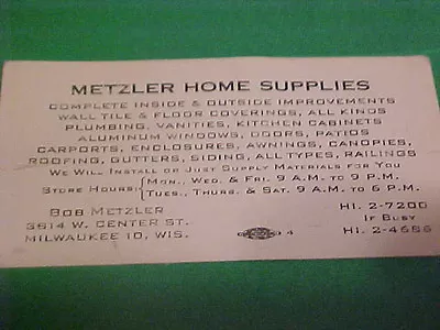 Vintage Calling/business Card Metzler Home Supplies Bob Metzler Milwaukee Wis. • $25