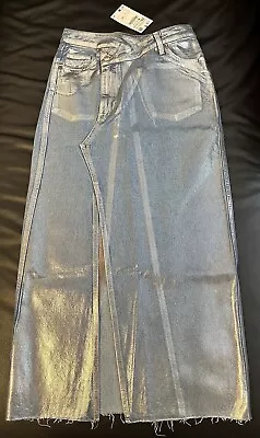 Zara Trf Asymmetric Denim Metallic Skirt. Silver Blue. Ref 6045/017. Size Xs • £27.99