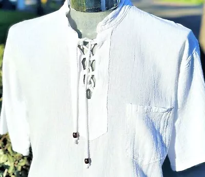 Men White Cotton Gauze Polo Sport Shirt Unique String Closure Casual Comfortable • $42.95
