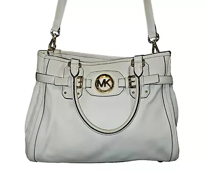 MICHAEL KORS Sz L Vanilla Leather HUDSON Satchel GOLD Hardware Tote Handbag Larg • $42.49