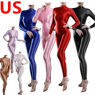 US_Women Shiny Long Sleeve Double Zip Smooth Leotard Bodysuit Jumpsuit Catsuit • $15.06