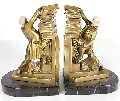 Antique Pair Art Deco France Bookends Metal & Marble Man Stacking Books • $250