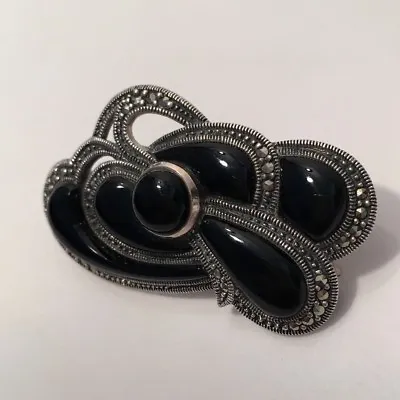 Beautiful Onyx & Marcasite 11.9 Cts Solid Heavyweight 925 Sterling Silver Brooch • $94.61