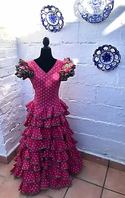 Waist 27  Vintage Authentic Flamenco Dress Gypsy Frida Cosplay Pink Polka Dots • £280.69