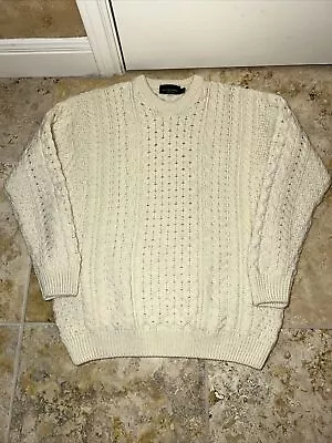 Rue Saint-Patrick Cable Knit Cream Wool Irish Sweater Crafted In Ireland L • $34.95