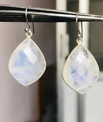 Antique Natural Rainbow Moonstone Earring 925 Sterling Silver Briolette Earrings • $105