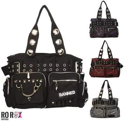 £34 • Buy Banned Handbag Handcuff Canvas Striped Punk Goth Nugoth Rock Emo Shoulder Bag 