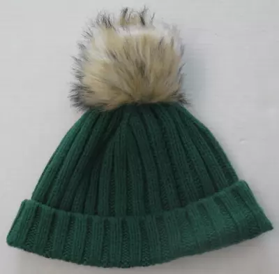 J.Crew H3198 Women's One Size Green Ribbed Beanie W/Faux Fur Pom-Pom • $12.06