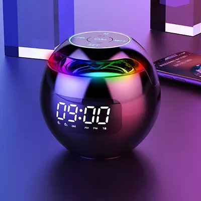 Digital LED Alarm Clock TF/FM Radio Bluetooth Speaker Round Bedside Night Light • £16.19