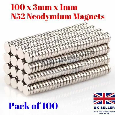 100 X 3mm X 1mm Disc Neodymium Magnets N52 Warhammer Craft Models Tiny Magnets • £5.95