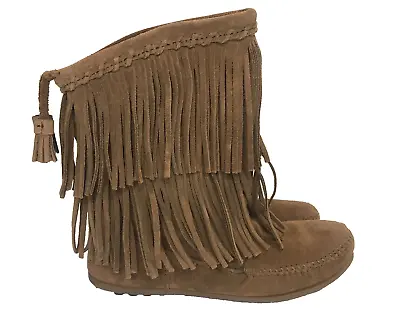 Minnetonka Moccasin Boots Women's 7 Suede Leather  2 Layer Fringe Brown Booties • £26.94