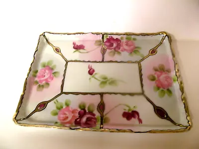 1920s NIPPON HAND PAINTED DRESSER VANITY TRINKET JEWELRY TRAY PINK ROSES • $22