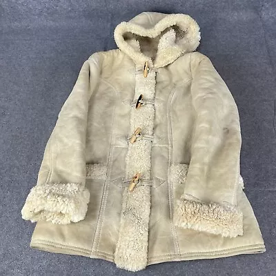 VINTAGE Sheepskin Jacket Womens Small Beige Coat Hooded Long Leather Warm Norway • £23.99