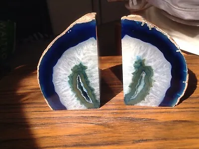£90 • Buy Beautiful Blue White Green Agate 4''' Bookends Polished Quartz Crystal Geode