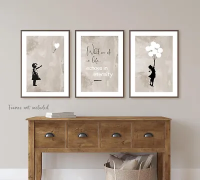 Set Of 3 Banksy Wall Art Quote Prints Heart Balloon Girl Pictures Posters Beige • £12.99
