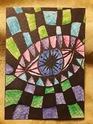 Original ACEO Abstract Colorful Psychedelic Eye Cubism Outsider Fantasy Art OOAK • $7.80