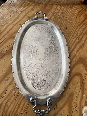 Vintage Silver On Copper 10  Oval Tray Ornate Handles Nice! • $29.95