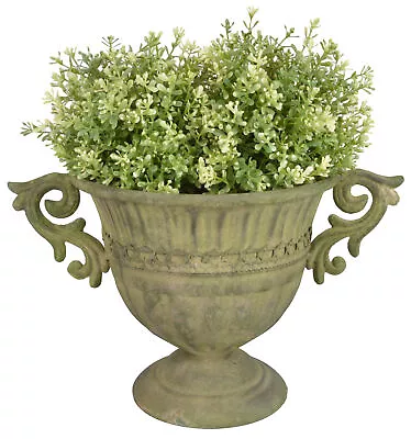 Aged Metal Round Urn Garden Planter Flower Pot Vase Green 21.5cm Vintage Style • £26.99