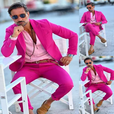 Fashion Hot Pink Men's Suits Peak Lapel 2Pcs Wedding Groom Tuxedos Blazer Outfit • $70.30
