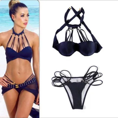 New Womens Navy Push Up Bra Harness Strappy Top Bikini Set Beach Pool Party UK 8 • £4.99