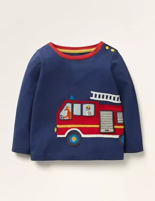 Boys Mini Boden Long Sleeved Top Baby Jersey Cotton Navy Fire Engine Applique  • £4.95