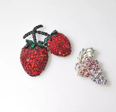 VTG  Weiss Monet Brooch LOT Rhinestone Double Strawberry  Grapes Red Purple  BB5 • $14