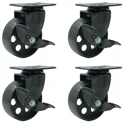 4 All Black Metal Swivel Plate Caster Wheels W/ Brake Heavy Duty (3.5  W/ Brake) • $26.99