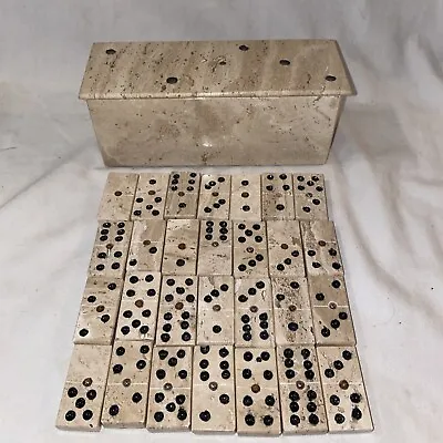 Vintage Handmade Carved Tan White Marble Stone Domino Set With Marble Box  • $24.99