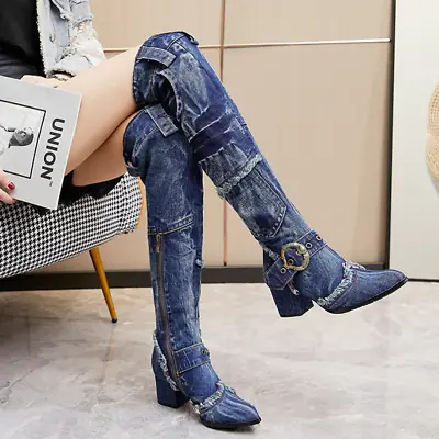 Women's Block High Heels Retro Denim Over Knee Boots Zipper Button Jeans Shoes • $124.89