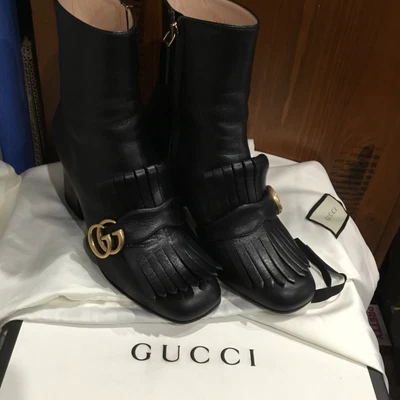 $895 • Buy Authentic Gucci Black Leather Marmont Gg  Ankle Boots / Booties Shoes Size 38